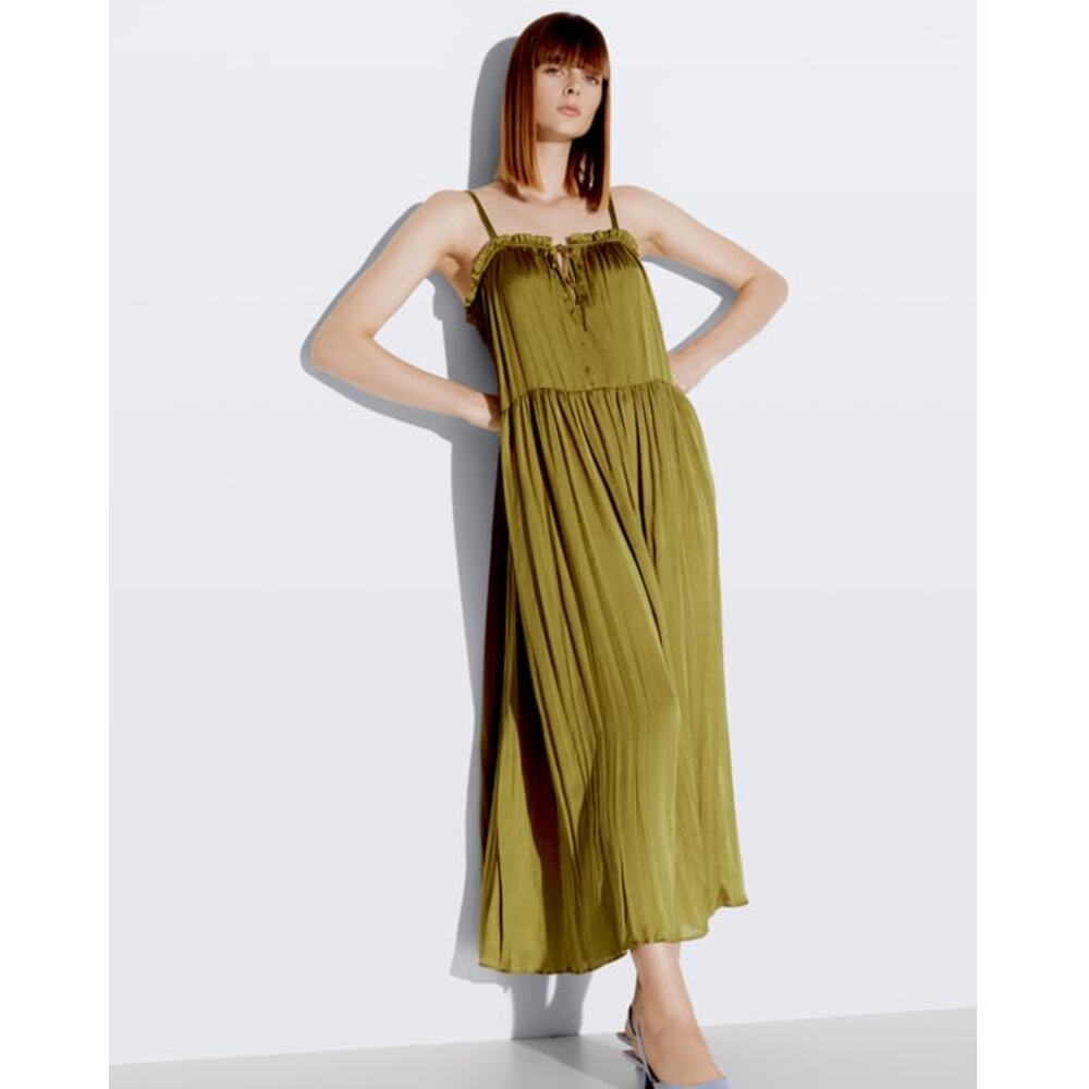Zara Olive Green Pleated Maxi Dress